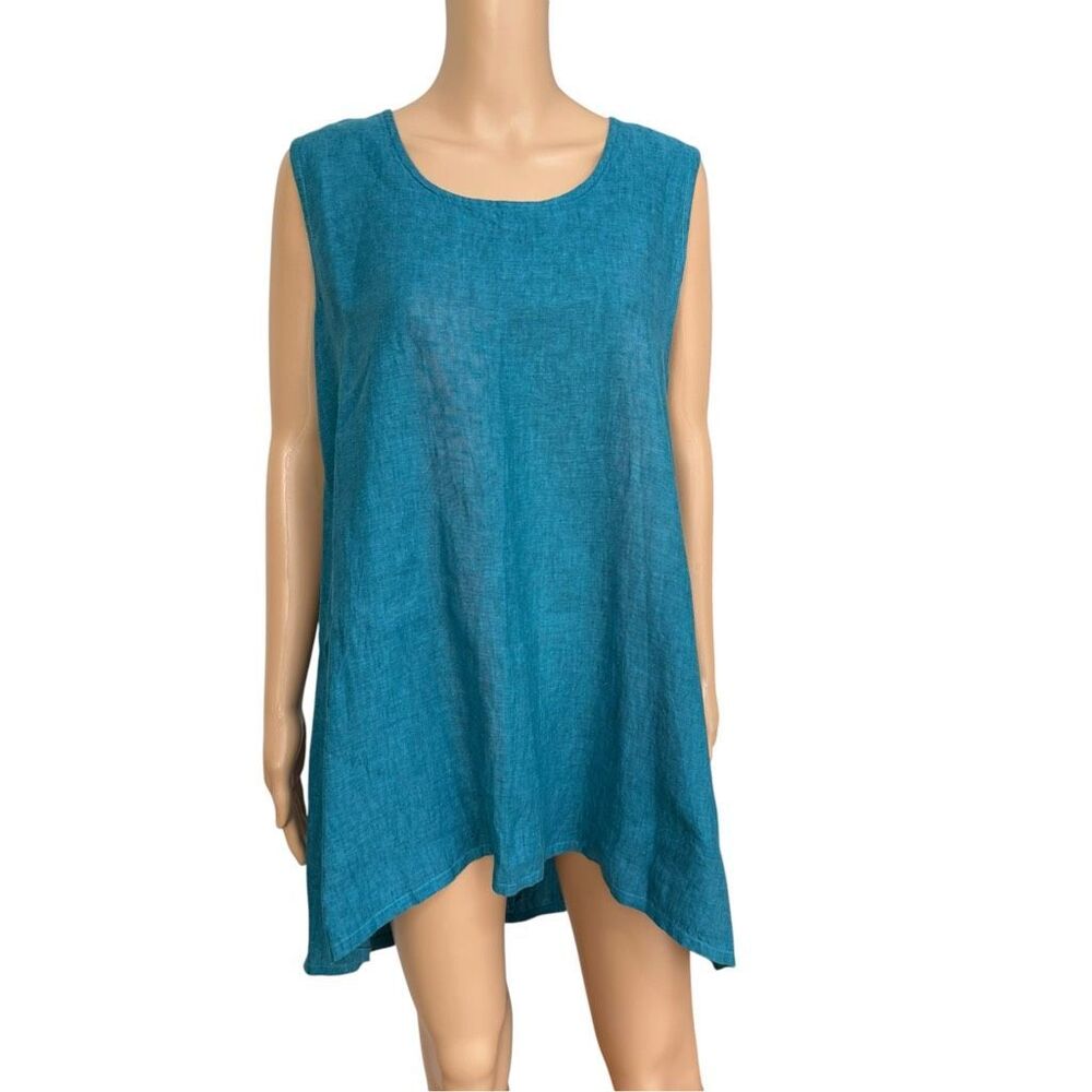 Bryn Walker Teal Blue 100% Linen Sleeveless A-Line Tunic blouse Size S Made USA